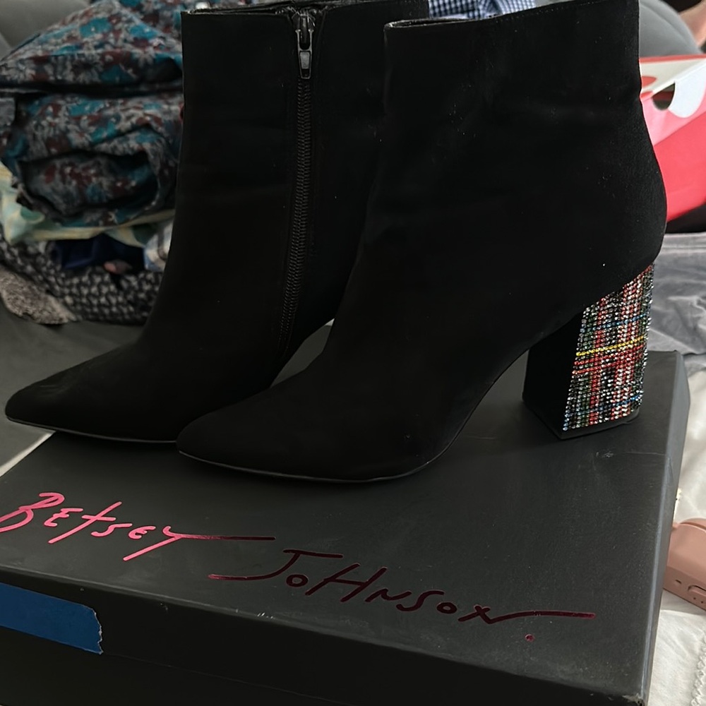 Betsey Johnson Black Boot with plaid multi colored rhinestones.